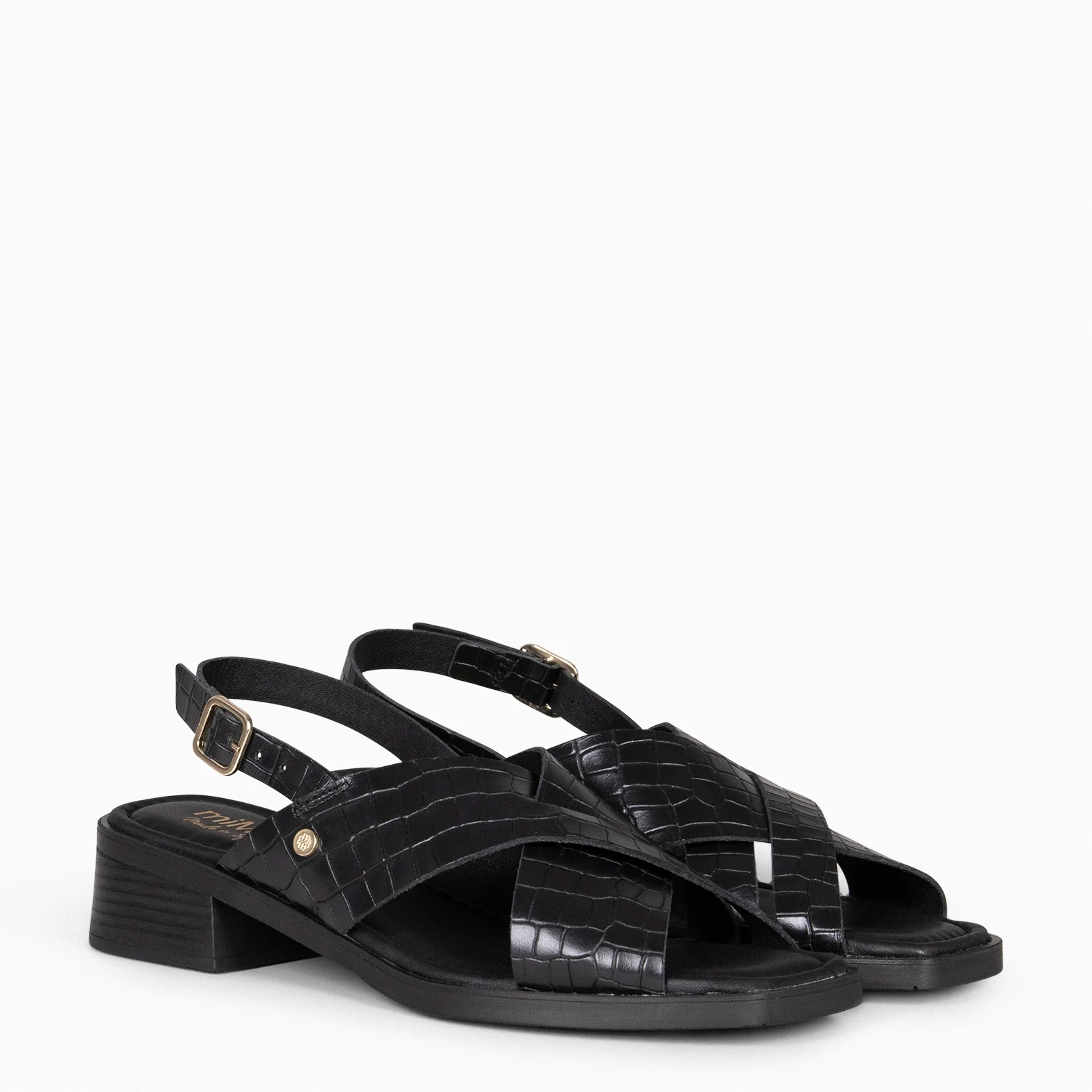 BETANIA - Sandalias planas de piel grabado coco NEGRO - Image 5