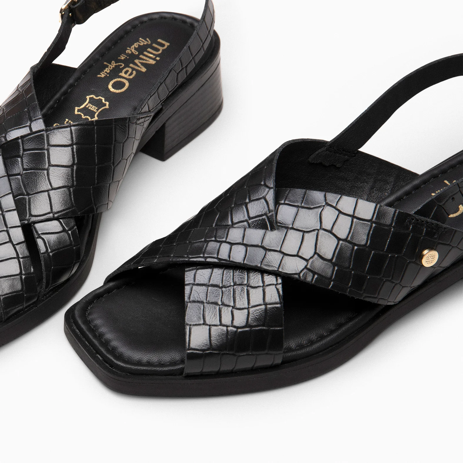 BETANIA - Sandalias planas de piel grabado coco NEGRO - Image 6